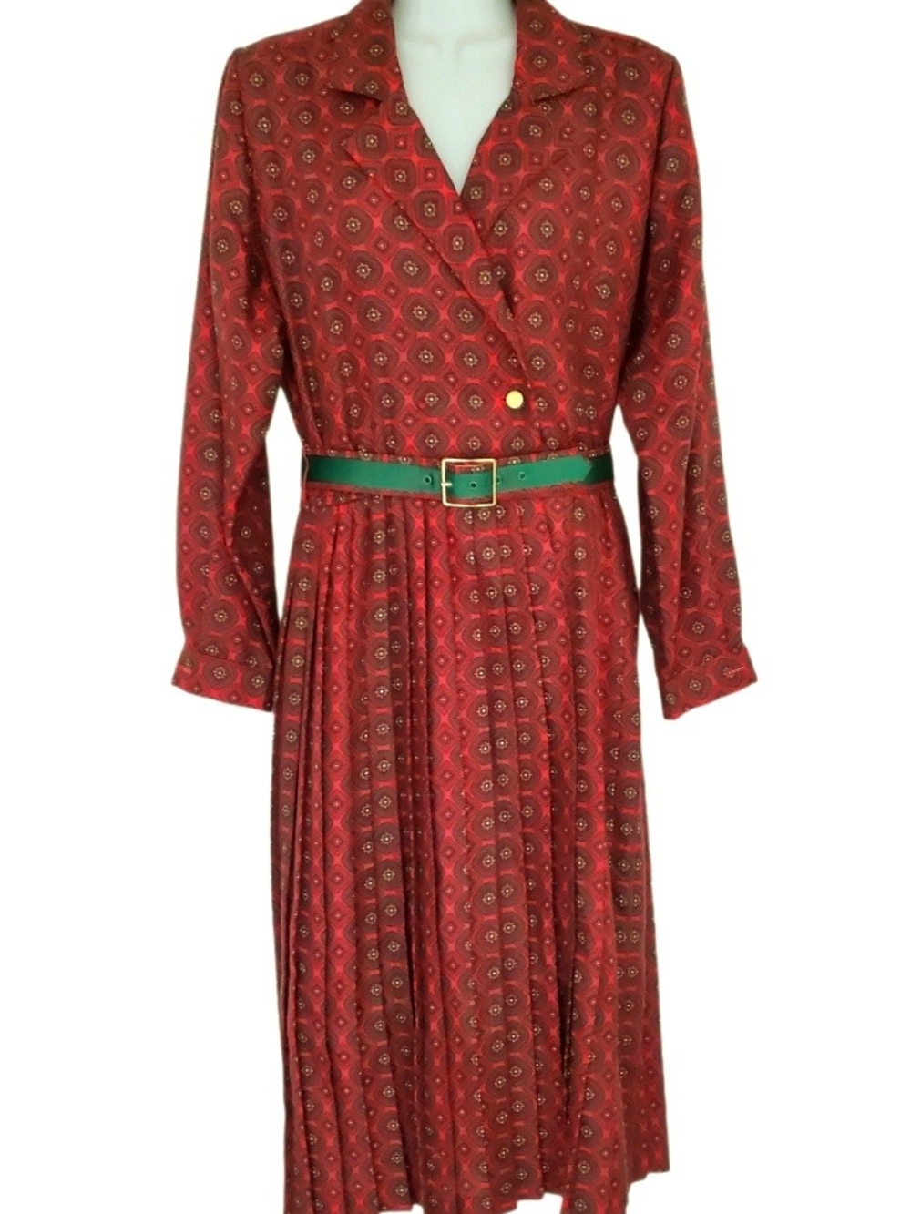 Vintage Red Long Sleeve Dress with Green Belt
